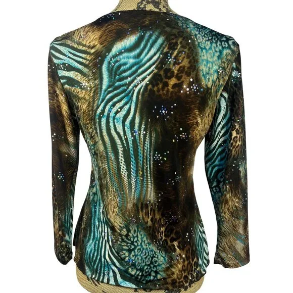 Vintage Y2K Top M Babydoll Rhinestone detail Asymmetrical Animal Print - Picture 2 of 7